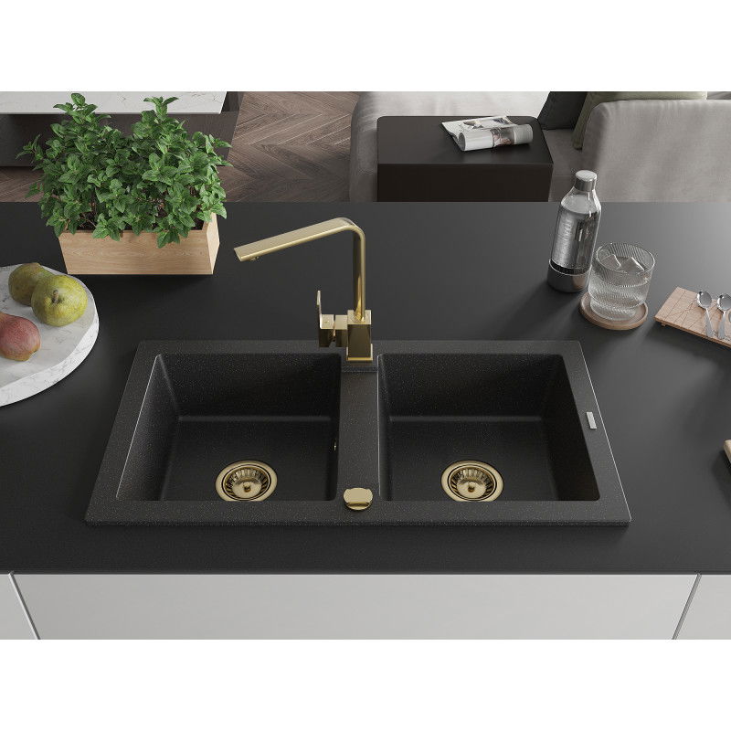 Mexen Mario 2-bowl granite kitchen sink with Rita kitchen tap, black/silver metallic - 6504-73-670300-50