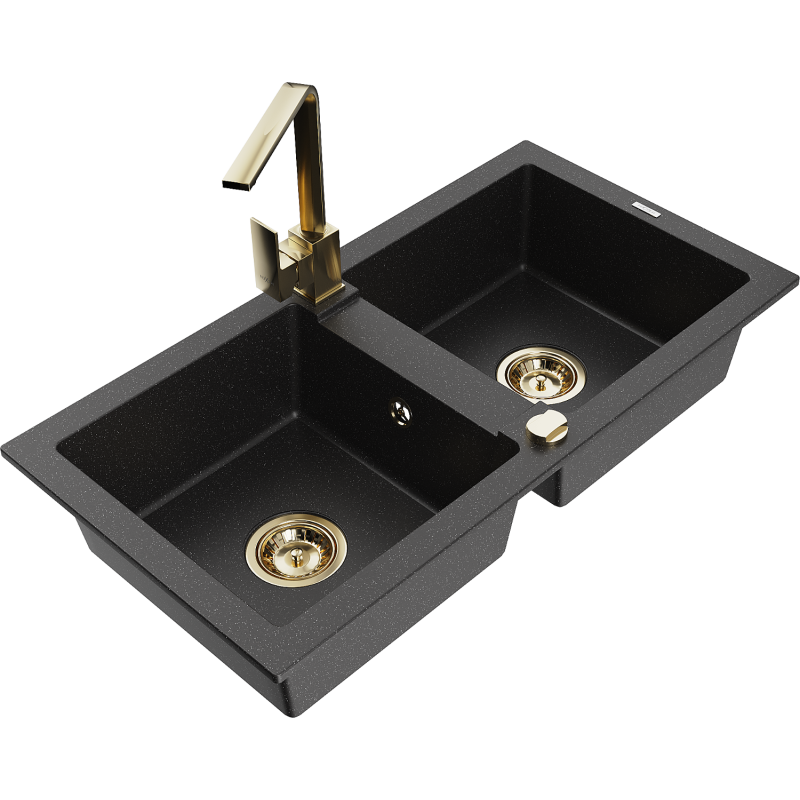 Mexen Mario 2-bowl granite kitchen sink with Rita kitchen tap, black/silver metallic - 6504-73-670300-50