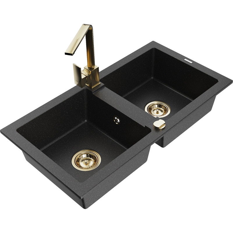 Mexen Mario granite double bowl kitchen sink with Rita faucet, black/silver metallic - 6504-73-670300-50