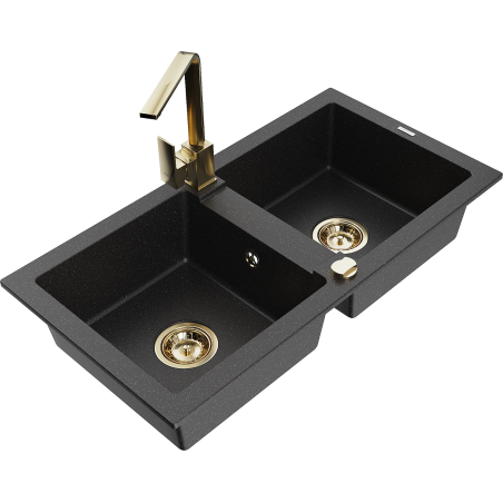 Mexen Mario 2-chamber granite sink with Rita kitchen faucet, black/silver metallic - 6504-73-670300-50