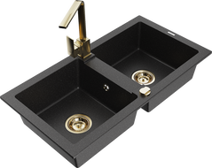 Mexen Mario 2-compartment granite sink with a kitchen mixer tap Rita, Black/Silver metallic - 6504-73-670300-50