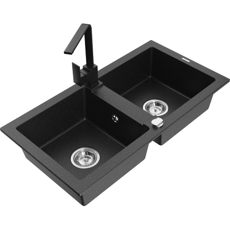 Mexen Mario granite kitchen sink 2-bowl with Rita kitchen faucet, black/silver metallic - 6504-73-670300-70