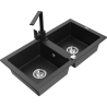 Mexen Mario double-bowl granite sink with Rita kitchen faucet, black/silver metallic - 6504-73-670300-70