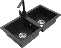 Mexen Mario granite sink with 2 bowls and Rita kitchen tap, black/silver metallic - 6504-73-670300-70