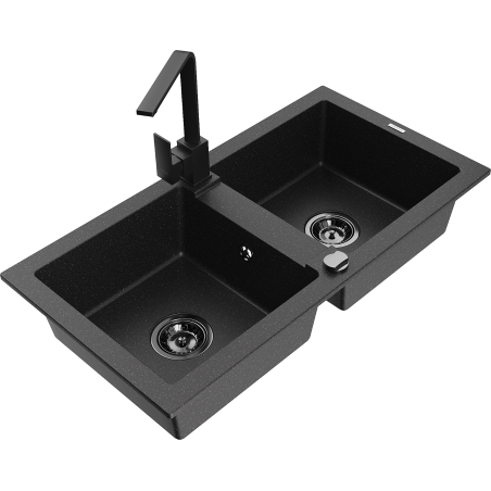 Mexen Mario 2-bowl granite sink with Rita kitchen faucet, black/silver metallic - 6504-73-670300-70-B