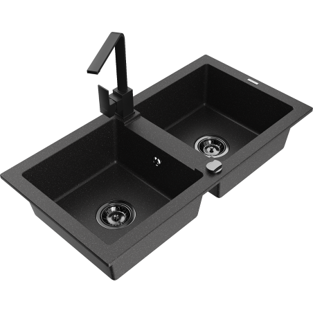 Mexen Mario 2-bowl granite sink with Rita kitchen tap, black/silver metallic - 6504-73-670300-70-B
