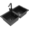 Mexen Mario 2-bowl granite sink with Rita kitchen faucet, black/silver metallic - 6504-73-670300-70-B