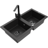 Mexen Mario granite double-bowl sink with Rita kitchen faucet, black/silver metallic - 6504-73-670300-70-B