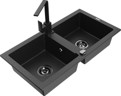 Mexen Mario granite double-bowl sink with Rita kitchen faucet, black/silver metallic - 6504-73-670300-70-B