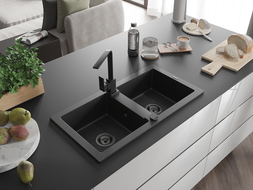 Mexen Mario 2-bowl granite sink with Rita kitchen tap, black/silver metallic - 6504-73-670300-70-B