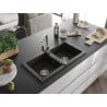 Mexen Mario 2-bowl granite sink with Rita kitchen tap, black/gold metallic - 6504-75-670300-00