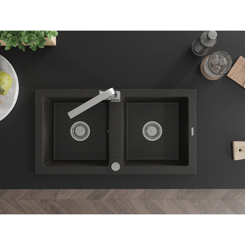 Mexen Mario granite kitchen sink double-bowl with Rita kitchen faucet, black/gold metallic - 6504-75-670300-00