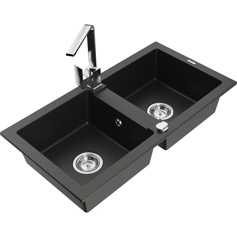 Mexen Mario 2-bowl granite kitchen sink with Rita faucet, black/gold metallic - 6504-75-670300-00