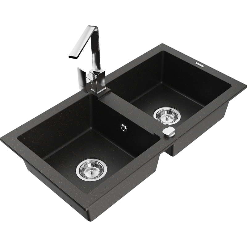 Mexen Mario 2-bowl granite sink with Rita kitchen tap, black/gold metallic - 6504-75-670300-00