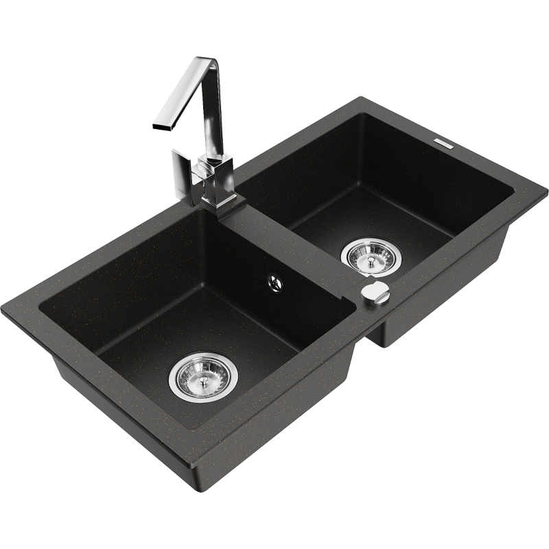 Mexen Mario 2-compartment granite sink with a kitchen mixer tap Rita, Black/Gold metallic - 6504-75-670300-00