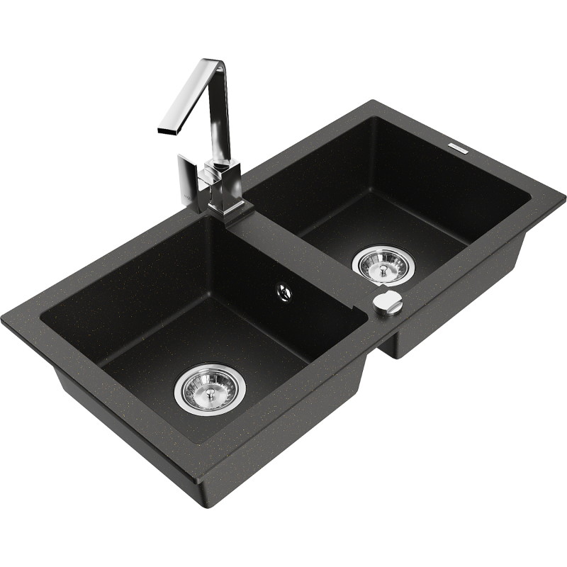 Mexen Mario granite kitchen sink double-bowl with Rita kitchen faucet, black/gold metallic - 6504-75-670300-00