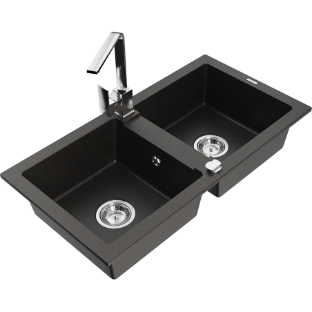 Mexen Mario 2-bowl granite kitchen sink with Rita faucet, black/gold metallic - 6504-75-670300-00