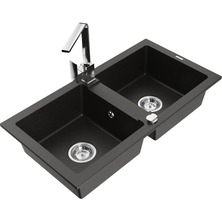 Mexen Mario 2-bowl granite sink with Rita kitchen tap, black/gold metallic - 6504-75-670300-00