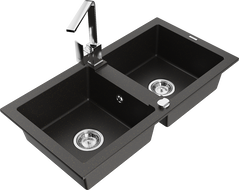 Mexen Mario granite kitchen sink double-bowl with Rita kitchen faucet, black/gold metallic - 6504-75-670300-00