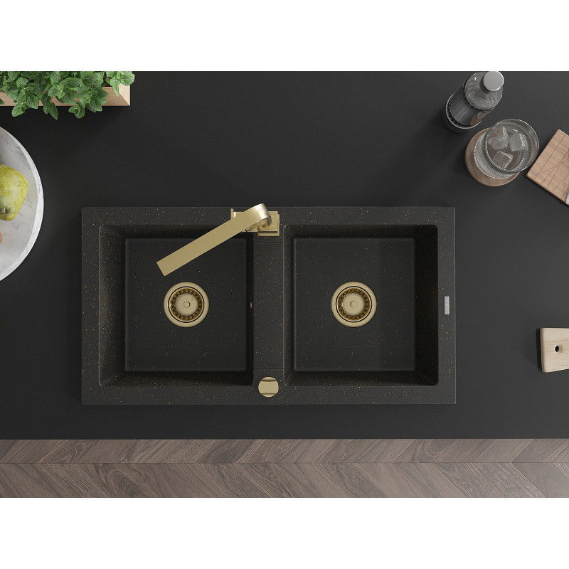 Mexen Mario 2-Bowl Granite Sink with Rita Kitchen Tap, Black/Gold Metallic - 6504-75-670300-50