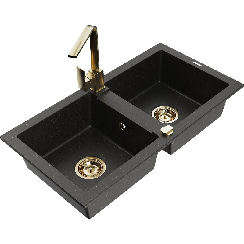 Mexen Mario 2-bowl granite sink with Rita kitchen faucet, black/gold metallic - 6504-75-670300-50