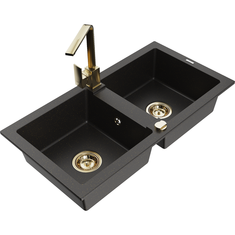 Mexen Mario 2-Bowl Granite Sink with Rita Kitchen Tap, Black/Gold Metallic - 6504-75-670300-50