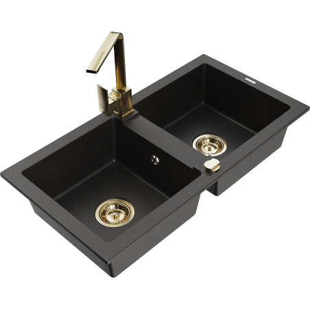 Mexen Mario 2-bowl granite sink with Rita kitchen faucet, black/gold metallic - 6504-75-670300-50