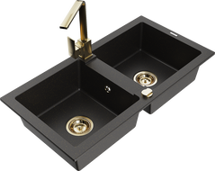 Mexen Mario granite kitchen sink 2-chamber with kitchen faucet Rita, black/gold metallic - 6504-75-670300-50