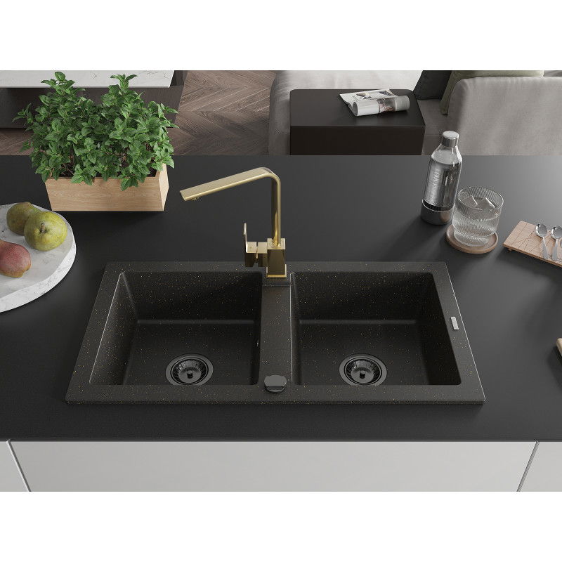 Mexen Mario 2-bowl granite sink with Rita kitchen tap, black/gold metallic - 6504-75-670300-50-B