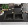 Mexen Mario granite double-bowl sink with Rita kitchen faucet, black/gold metallic - 6504-75-670300-50-B