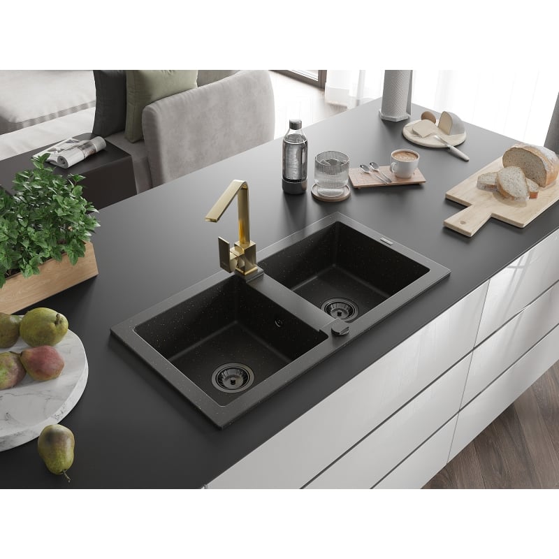 Mexen Mario granite double bowl kitchen sink with Rita faucet, black/gold metallic - 6504-75-670300-50-B