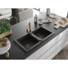 Mexen Mario granite double-bowl sink with Rita kitchen faucet, black/gold metallic - 6504-75-670300-50-B