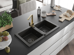 Mexen Mario 2-bowl granite sink with Rita kitchen tap, black/gold metallic - 6504-75-670300-50-B