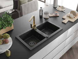 Mexen Mario granite double bowl kitchen sink with Rita faucet, black/gold metallic - 6504-75-670300-50-B