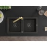 Mexen Mario granite double bowl kitchen sink with Rita faucet, black/gold metallic - 6504-75-670300-50-B
