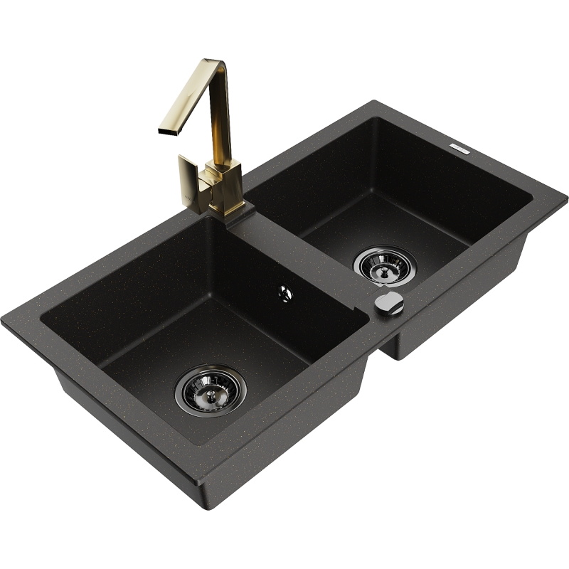 Mexen Mario 2-compartment granite sink with a kitchen mixer tap Rita, Black/Gold metallic - 6504-75-670300-50-B