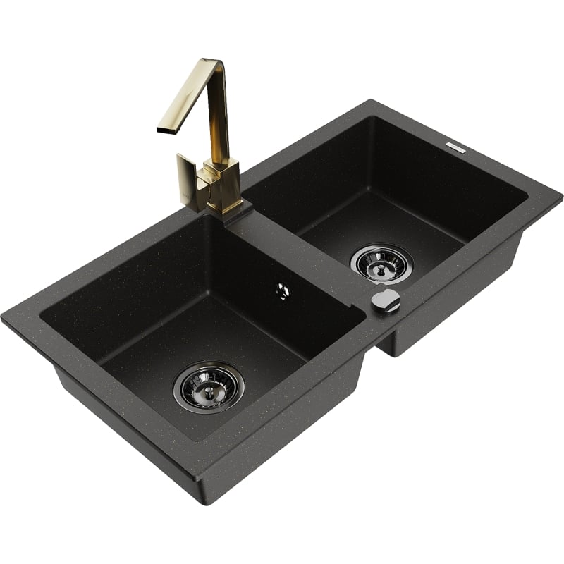 Mexen Mario granite double bowl kitchen sink with Rita faucet, black/gold metallic - 6504-75-670300-50-B