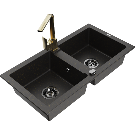 Mexen Mario granite double-bowl sink with Rita kitchen faucet, black/gold metallic - 6504-75-670300-50-B