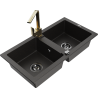Mexen Mario 2-bowl granite sink with Rita kitchen tap, black/gold metallic - 6504-75-670300-50-B
