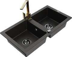 Mexen Mario granite double bowl kitchen sink with Rita faucet, black/gold metallic - 6504-75-670300-50-B