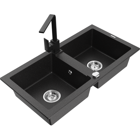 Mexen Mario 2-bowl granite sink with Rita kitchen faucet, black/gold metallic - 6504-75-670300-70