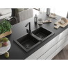 Mexen Mario 2-bowl granite sink with Rita kitchen faucet, black/golden metallic - 6504-75-670300-70-B