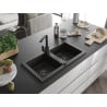 Mexen Mario granite double-bowl sink with Rita kitchen tap, black/gold metallic - 6504-75-670300-70-B