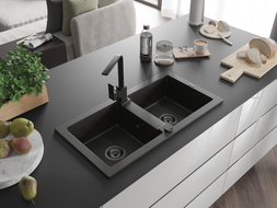 Mexen Mario granite double-bowl sink with Rita kitchen faucet, black/gold metallic - 6504-75-670300-70-B