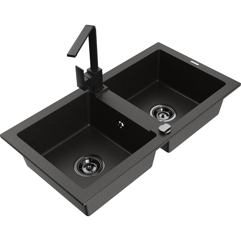 Mexen Mario 2-compartment granite sink with a kitchen mixer tap Rita, Black/Gold metallic - 6504-75-670300-70-B