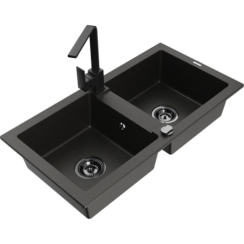 Mexen Mario granite double-bowl sink with Rita kitchen faucet, black/gold metallic - 6504-75-670300-70-B