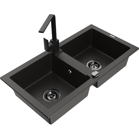 Mexen Mario granite double-bowl sink with Rita kitchen faucet, black/gold metallic - 6504-75-670300-70-B