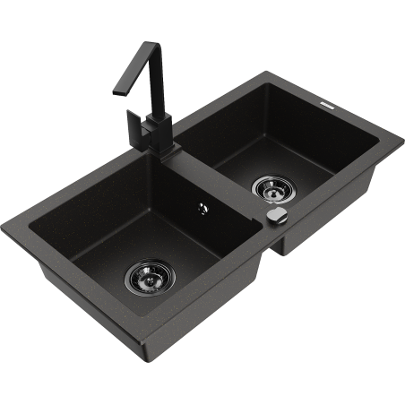Mexen Mario granite double-bowl sink with Rita kitchen tap, black/gold metallic - 6504-75-670300-70-B