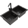 Mexen Mario granite double-bowl sink with Rita kitchen faucet, black/gold metallic - 6504-75-670300-70-B