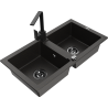 Mexen Mario granite double-bowl sink with Rita kitchen tap, black/gold metallic - 6504-75-670300-70-B